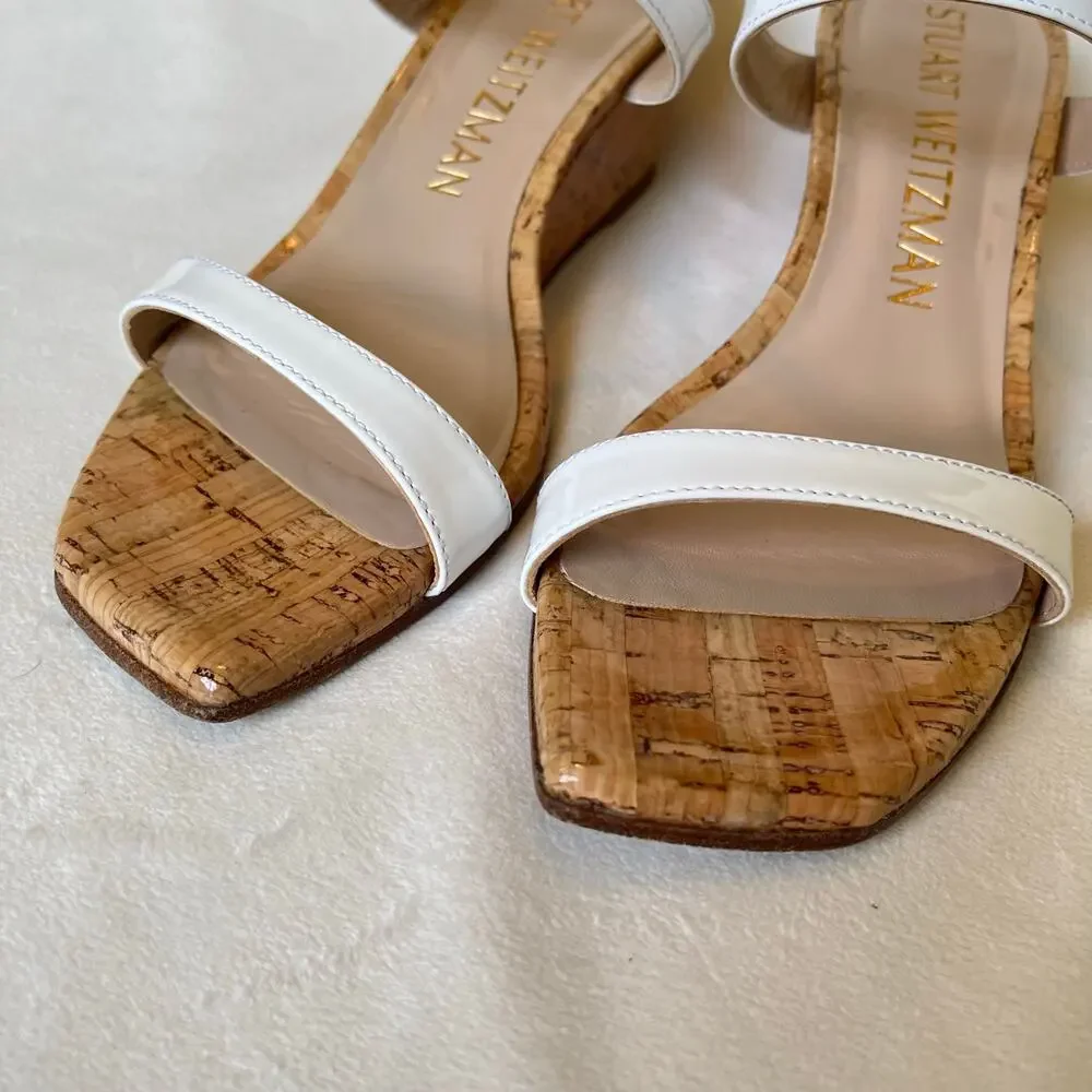 Stuart‎ Weitzman Aleena Wedge Heel Sandals 7.5 Narrow White Patent Leather Cork - Picture 10 of 13